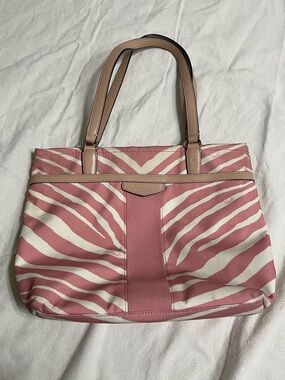 Coach Zebra Striped Shoulder Blush Pink Carryall Purse Handbag Canvas Tote